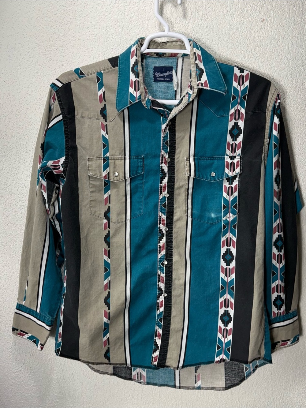 Vintage WRANGLER Western Shirt Mens Large Southwest Aztec Print Pearl Snap Aqua